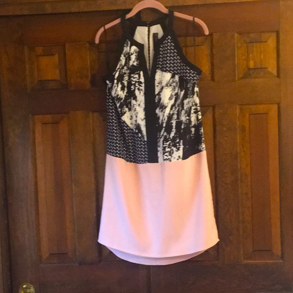 Sleeveless Black & Light Pink Mixed-Print Halter Dress